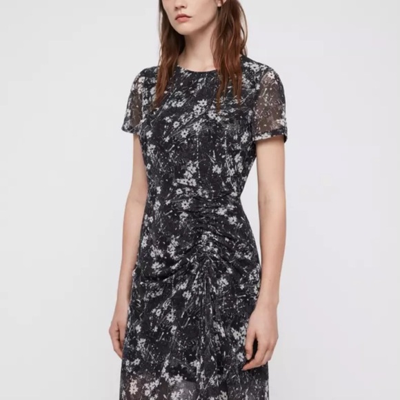 ALLSAINTS Ariya Lisk Floral Print Ruched Drawstring Semi Sheer Maxi Skirt Dress - Picture 3 of 13